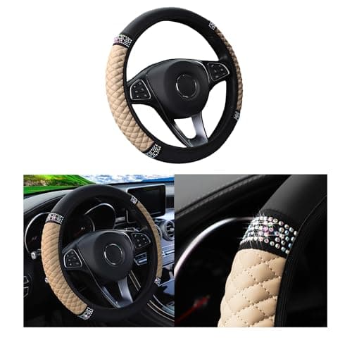 Couslcd Bling Car Steering Wheel Cover, 15 Inch Rhinestones Soft Leather Elastic Steering Wheel Protector, Sparkly Crystal Diamond for Women Girls, Car Interior Accessories for Most Cars (Beige)