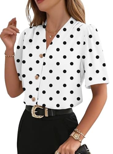EVALESS Button Down Shirts for Women Summer Polka Dots Short Sleeve V Neck Work Blouses Business Casual Outfits White L