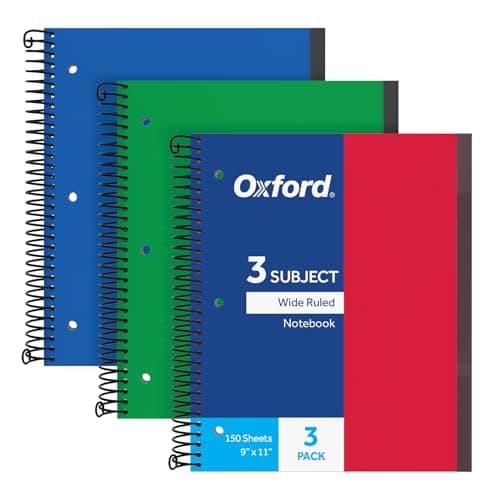 Oxford Spiral Notebook 3 Pack, 3 Subject, Wide Rule, Durable Plastic Covers, Strong Coil, 3 Durable Pockets, 8.5 x 11, 150 Sheets, Red, Green, Blue (89804)