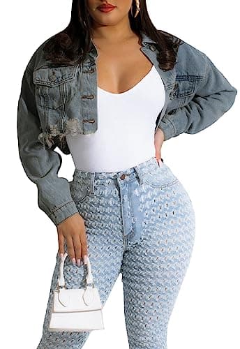 Cropped Denim Jackets for Women Long Sleeve Ripped Destroyed Wash Crop Top Jean Jackets