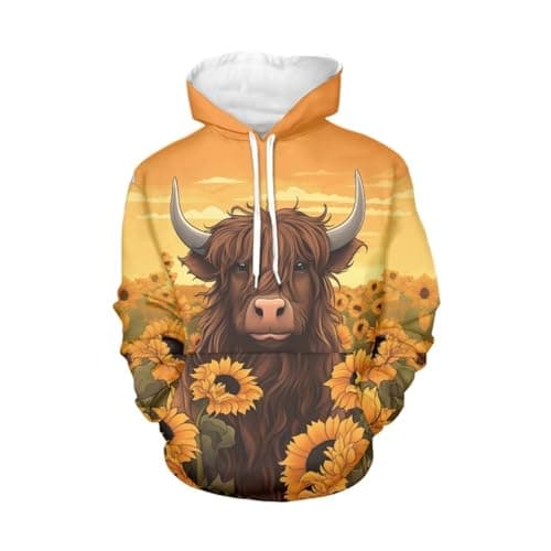 WELLFLYHOM Highland Cow Sweatshirt Graphic Hoodies for Women Fall Sunflower Clothes Drawstring Hoodie XL Long Sleeve Sweater Shirts with Front Pocket Workout Sportswear Outfits