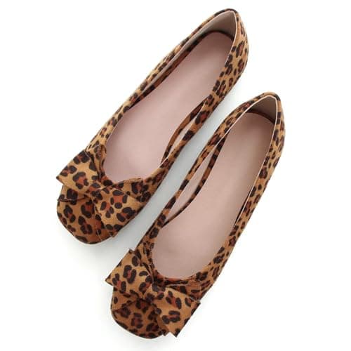 Hee grand Bowknot Square Toe Ballet Flats for Women Fashion Leopard Casual Flats Comfort Slip on Loafers Suede Dress Shoes,Leopard Brown 7