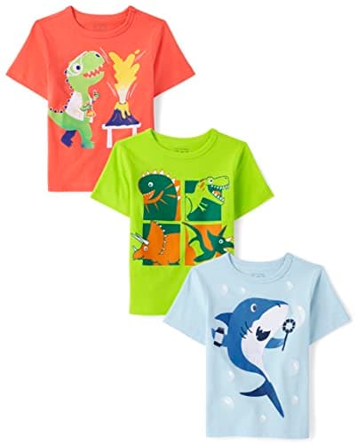The Children's Place Baby Toddler Boys Short Sleeve Graphic T-Shirt, Cabana Coral|CLOUDLESS|Lollipop Lime