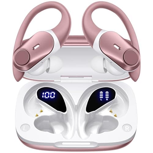 Active Noise Cancelling Ear Buds Wireless Earbuds 80H Playtime Bluetooth Headphones Over Ear Hooks Earphones with Power Display Case Hi-Res Stereo & Clear Calls for Sports Running Gym Workout Rouge