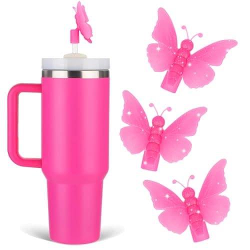 Oddyami Rose Butterfly Straw Cover Topper for Stanley Cup,Silicone Glitter Straw Toppers for Tumbler with Handle 30/40oz,Cute 10mm/0.4in Straws Covers Cap,Straws Lids for Stanley Cup Accessories,3Pcs