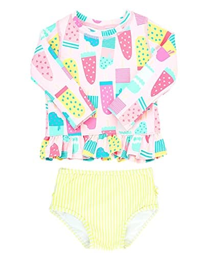 RuffleButts Ice Cream Social Long Sleeve Ruffle Hem Rash Guard Bikini - 3-6m