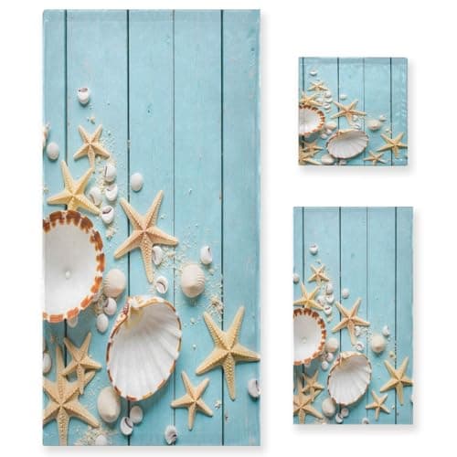SUABO Shells Starfish On Sea Shore Bath Towel Set 3 Ultra Soft Fast Dry Summer Sea Face Towel Absorbent Bathroom Towel Set Shower Hand Face Washcloths