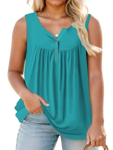 Womens Summer Sleeveless Tops 4X Oversized Loose Henley Shirts Flowy Tunics Green 28W