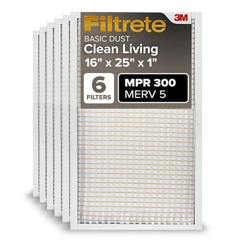 Filtrete 16x25x1 Air Filter MERV 5, 6-Pack AC Furnace HVAC, MPR 300 Basic Dust Defense, Pleated Electrostatic, Removes Lint
