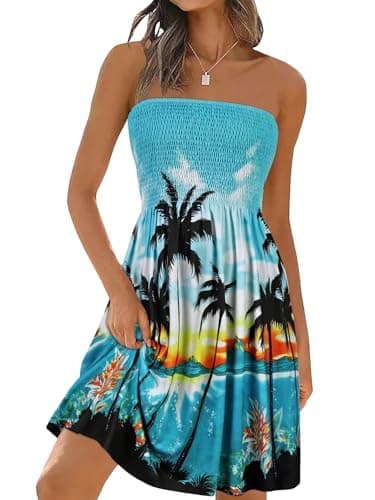 elescat Summer Dresses for Women Strapless Casual Beach Cover Ups Tube Top Sundress（Blue Coconut Tree, S