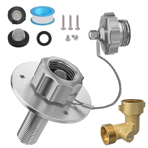 All Metal RV City Water Inlet with Check Valve, 90° Solid Brass Hose Elbow, 3/4" GHT Quick Hose Connector Stainless Steel Inlet Replacement Water Fill Inlet, for RV Camper Motorhome Trailer Marine