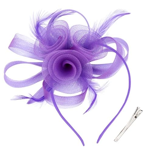 AMCAMI Fascinators Hats with Feather for Women 2025 Derby Hats Small Tea Party Hat with Headband(Red)