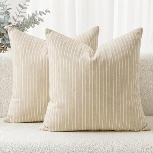 Auomily Striped Textured Chenille Pillow Covers 20x20 Set of 2, Soft Double-Sided Decorative Throw Pillow Cover, Solid Modern Cushion Covers, Giftable Home Decor (Natural Beige, 20x20)