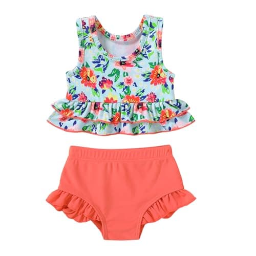Toddler Girls Swimsuit Outfit Ruffle Floral Sleeveless Bikini Two Piece Bathing Suit for Baby Girl (Floral Pink, 3-4T)