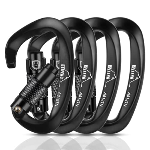 BEIFENG 25KN auto Locking Climbing Carabiner,Twist Lock Heavy Duty Carabiner, UIAA Certified D-Type Large Size Suitable for Climbing, Rappelling, Rescue, Hammock, Swing Black