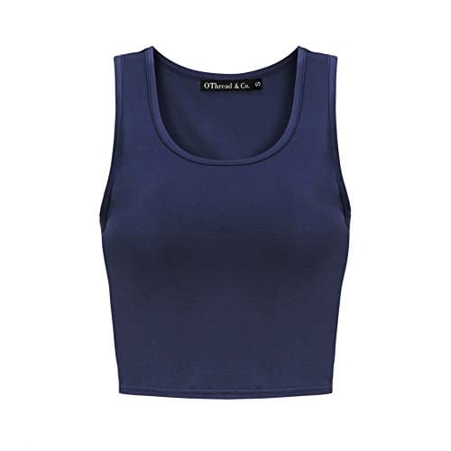 OThread & Co. Women's Basic Crop Tops Stretchy Casual Scoop Neck Sleeveless Crop Tank Top (Medium, Navy)