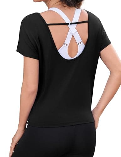 Totatuit Womens Open Back Workout Tops Cap Short Sleeve Cotton Cropped Tee Loose Yoga Athletic Shirts Gym Crop T-Shirts Black