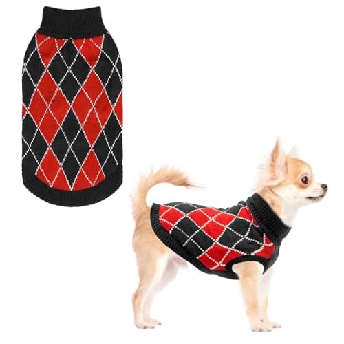 KOOLTAIL Small Dog Sweater, Knit Turtleneck Cold Weather Dog Sweaters for Medium Large Dogs, Soft Diamond Plaid Pullover Knitwear Pet Winter Warm Clothes, Pet Coat Puppy Sweater for Girls Boys