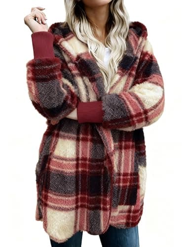 Zilcremo Women Hooded Cardigan Fuzzy Jacket Winter Open Front Fleece Coat Outwear with Pockets Deepredplaid L