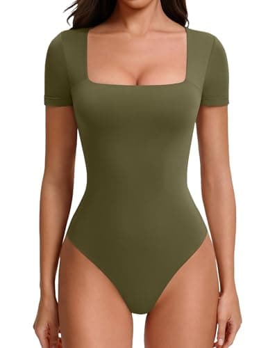Avidlove Body Suits for Womens Square Neck Thong Dressy Bodysuits Seamless Leotard Summer Tops Army Green