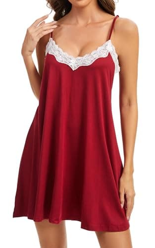 Kabento Nightgowns for Women Sexy Night Gowns V Neck Cotton Nighty Sleepwear, Cherry Red, Medium