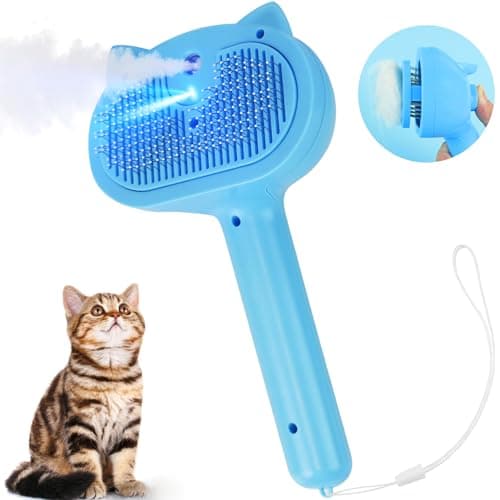 Pet Steam Brush for Dogs, 4 in 1 Cat Steam Brush for Long Short Haired, Self Cleaning Brush for Shedding, Metal Pet Misting Hair Comb with Handle for Grooming Kitten Dog(Blue)