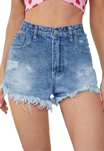 Metietila Women's High Waisted Stretchy Denim Shorts Ripped Raw Hem Summer Jeans Shorts Prussian Blue X-Large