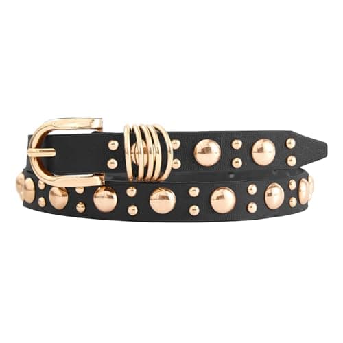 EONTISO Women Studded Leather Belt for Jeans, Punk Fashion Gold Rivets, Skinny Gold Black M