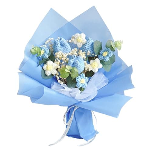 Chordobe Crochet Flower Tulip Bouquet: Handmade Artificial Flower Knitted Sunflower Bouquet for Festival Wedding Graduation Anniversary (Blue)