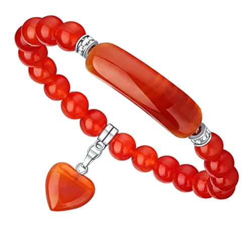 DHZJTSL Red Carnelian Healing Crystal Heart Bracelet for Women, 8mm Beaded Natural Gemstone Valentines Mothers Day Jewelry Bracelets for Women Gifts