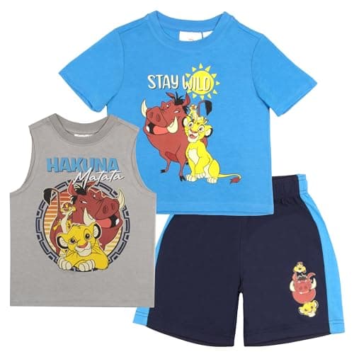 Disney Lion King Boys 3 Piece Short Set Lion King Short Sleeve Shirt Tank Top Shirt and Shorts 3 Pack Bundle Set for Kids (Sky Blue and Grey Size 6)