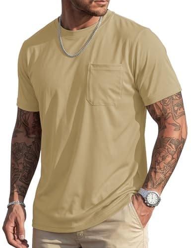 MAGCOMSEN Mens T-Shirts Short Sleeve with Pocket UPF 80+ Sun Protection Lightweight Moisture Wicking Casual Crewneck Tee Khaki