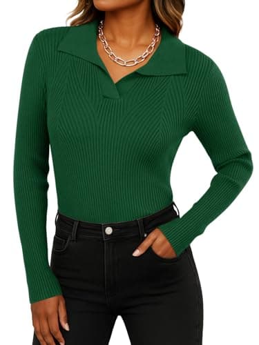 Feiersi Sweaters for Women Casual Trendy Lapel V Neck Long Sleeve Sweater Ribbed Knit Stretch Soft Pullover Shirt(Blackish Green,Large)