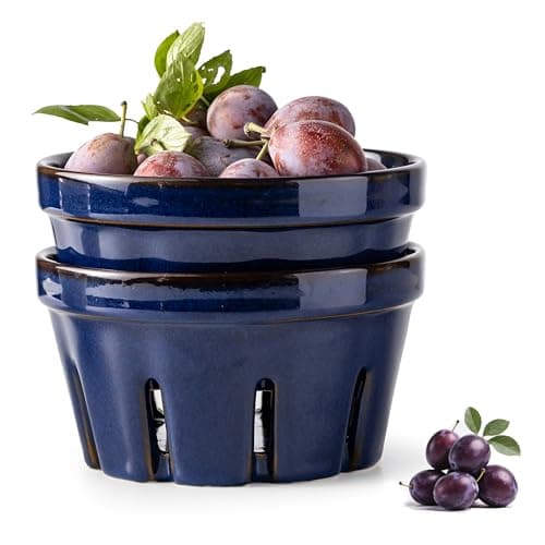 Gomakren Ceramic Berry Basket Set of 2, Fruit Bowl with Holes, Cobalt Blue