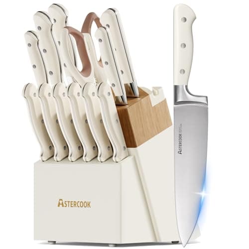 Knife Set,Astercook Kitchen Knife Set with Block 14-Piece Full Tang Stainless Steel Knives with Sharpener Dishwasher Safe and Anti-Slip Ergonomic Handle Utensils Set