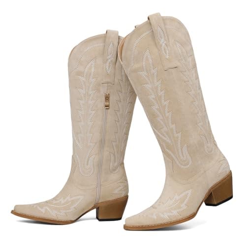 mikarka Beige Cowboy Boots for Women - Suede Knee High Western Cowgirl Boots with Pointed Toe, Chunky Heel, Classic Embroidery, Side Zipper, Size 7