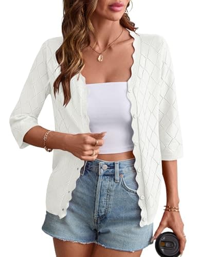 Rapbin Summer Cardigans for Women Lightweight Open Front Button Down 3/4 Sleeve Knit Crochet Shrugs for Dresses (White, M)