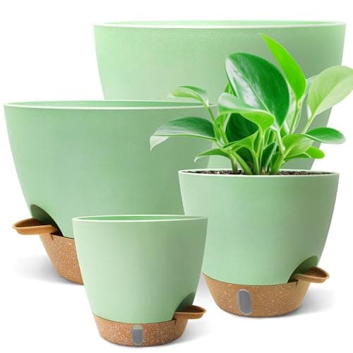 SORANGEUN 12/10/9/8 inch Self Watering Pots with Visual Water Window, Extra Large Self Watering Plant Pot with Drainage Holes and Saucers, Green Flower Pots for Indoor Plants
