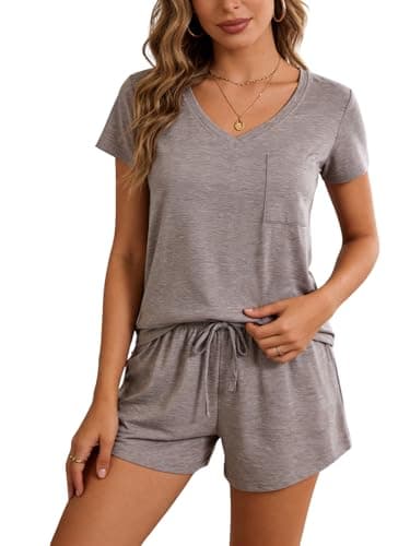 VENTELAN Womens Pajama Sets Short Sleeve Tops and Shorts Sleepwear for Ladies Soft V Neck Loungewear PJS Sets,Brown,XS