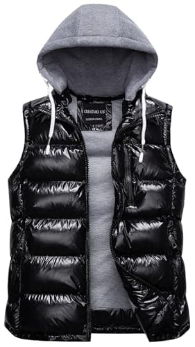 CREATMO US Women's Stand Collar Puffer Vest Waterproof Warm Travel Outwear Down Sleeveless Coat With Detachable Hood Shine Black Medium