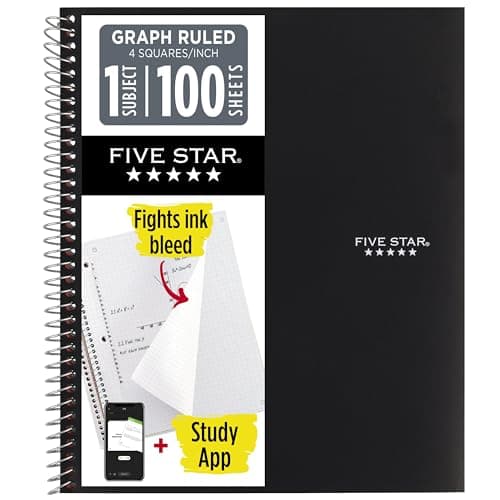 Five Star Spiral Notebook + Study App, 1 Subject, Graph Ruled Paper, 8-1/2" x 11", 100 Sheets, Fights Ink Bleed, Water Resistant Cover, Black (73679)