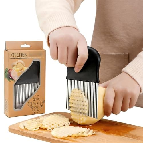 AOYYUBK Crinkle Cutter Knife, 304 Stainless Steel French Fry Cutter for Potatoes with ABS Anti-Slip Handle - Wavy Vegetable Slicer for Potato, Cucumber, Carrot, Fruit | Dishwasher Safe
