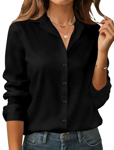 BBIBBI Black Shirts for Women Button Down Long Sleeve Dress Shirt Blouses Womens Chiffon Best Polyester No Iron Back Size L