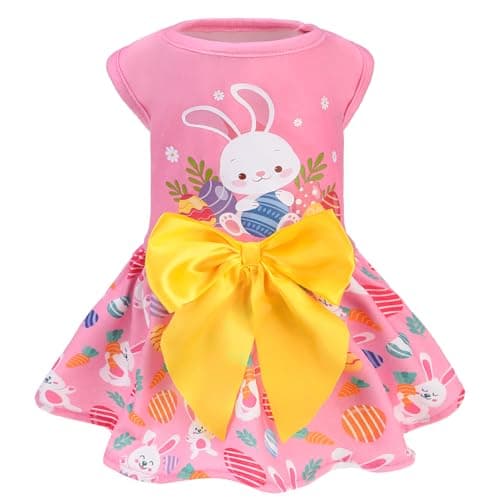 PUPTECK Print Easter Dog Dress with Cute Bow, Pink Rabbit XS