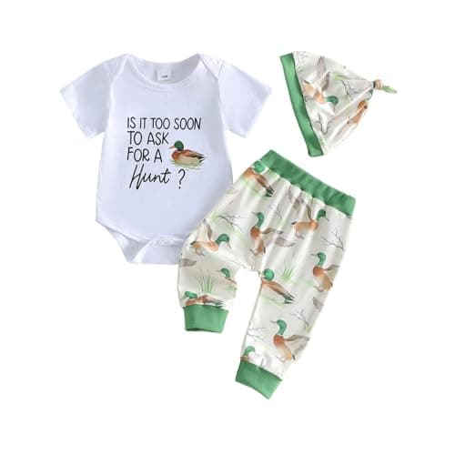Santikisler Infant Baby Boy Spring Outfit Cattle Head Letter Short Sleeve Romper Long Pants Hat 3PCs Set Western Clothes (Green, 0-3 Months)