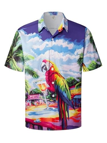 Hardaddy Men's Summer Hawaiian Shirts Funny Performence Printed Casual Button Down Bowling Shirt Grey-Blue XXL