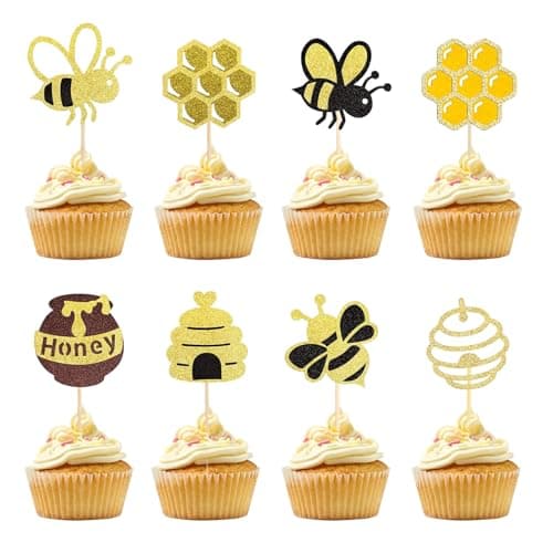48 PCS Bumble Bee Cupcake Toppers Glitter Heart Honeycomb Bee Cupcake Picks BaBy Shower Cake Decorations for Bee Theme Baby Shower Kids Birthday Party Supplies