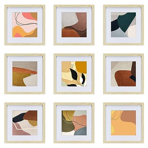 HEART ART 12x12 Natural Wood Picture Frame 8x8 with Mat Set of 9