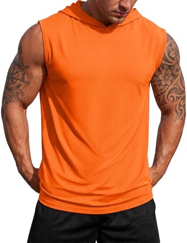 MAGCOMSEN Sleeveless Hoodies for Men Sun Protection Workout Gym Athletic Cooling Muscle Hooded Tank Top Orange M