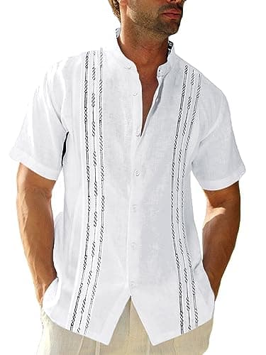 Mens Short Sleeve Guayabera Shirts Linen Cotton Button Up Banded Collar Mexican Cuban Wedding Shirt Summer Beach Tops